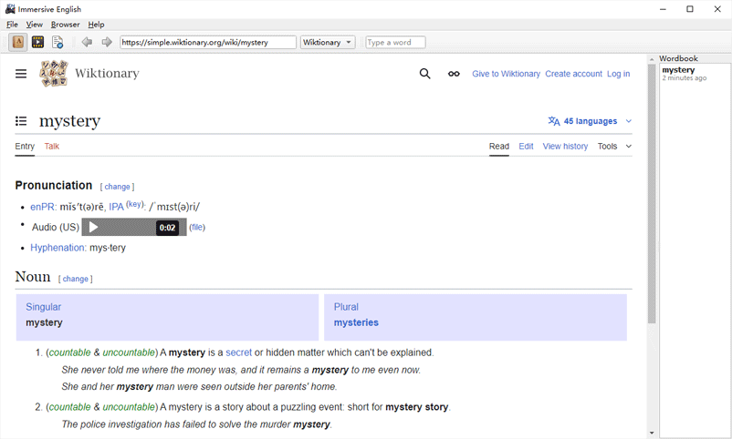 main window dictionary panel