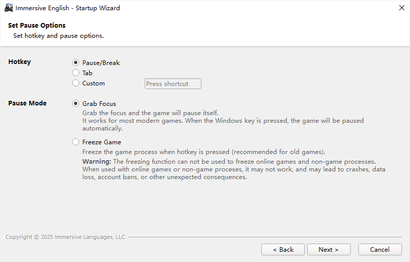 startup wizard: set pause options